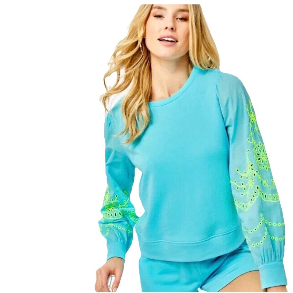 Lilly Pulitzer Top Women's XL Teal Long Sleeve Eyelet Alla Crew Neck Pullover - Picture 7 of 11